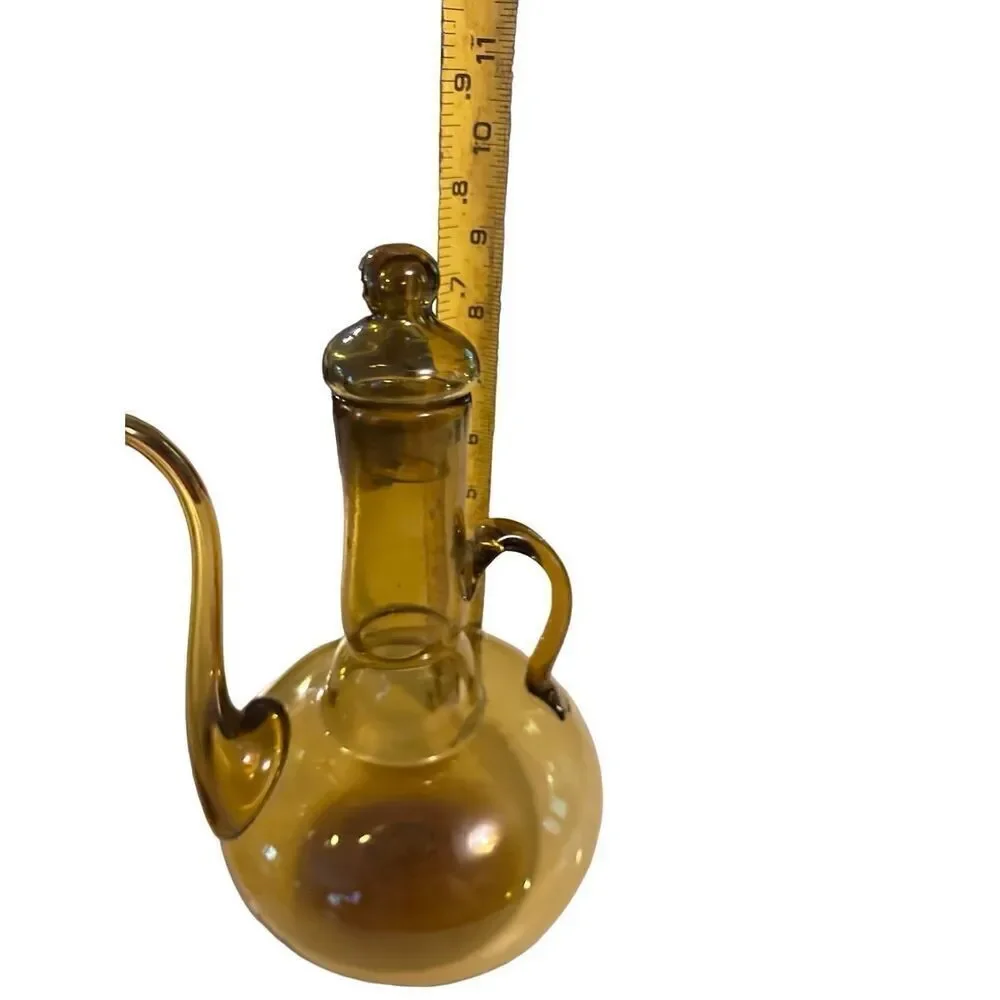 Vintage Cruet Side Spout Amber Glass Decanter  Pitcher Handblown & 2 Glasses MCM